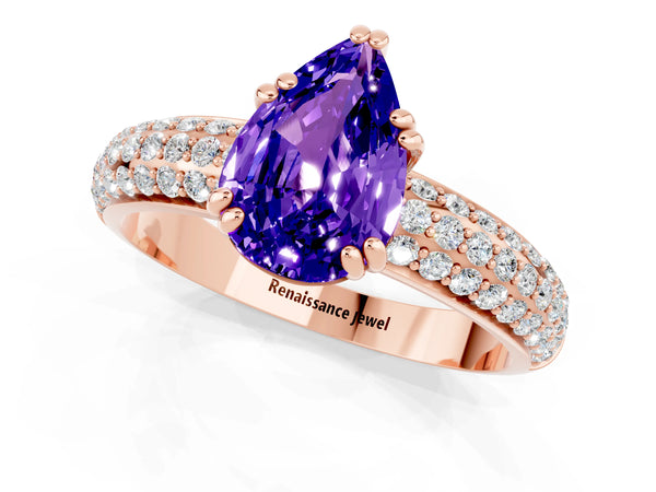 Rose gold Pear Cut Tanzanite Solitaire Ring with Multi-Row Round Pavé Band and Prong Setting
