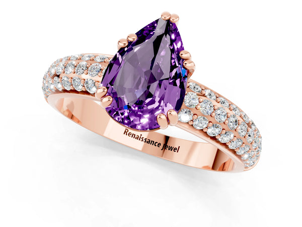 Rose gold Pear Cut Amethyst Solitaire Ring with Multi-Row Round Pavé Band and Prong Setting