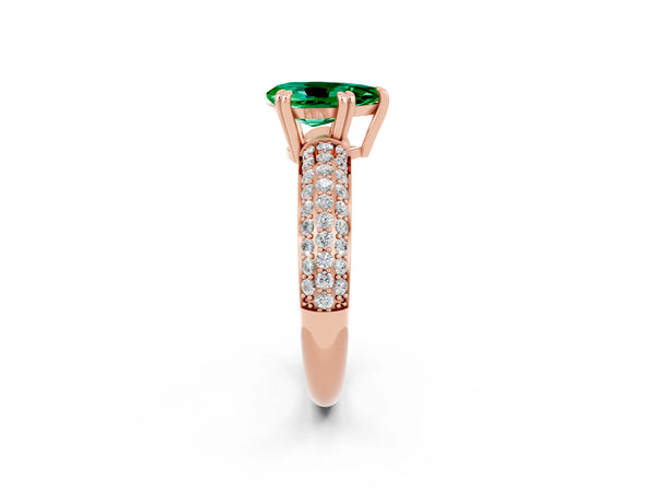 Rose gold Pear Cut Emerald Solitaire Ring with Multi-Row Round Pavé Band and Prong Setting