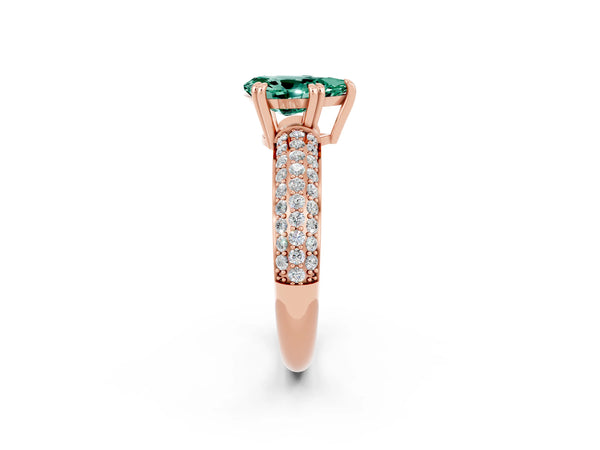 Rose gold Pear Cut Green Sapphire Solitaire Ring with Multi-Row Round Pavé Band and Prong Setting