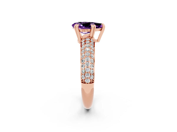 Rose gold Pear Cut Amethyst Solitaire Ring with Multi-Row Round Pavé Band and Prong Setting