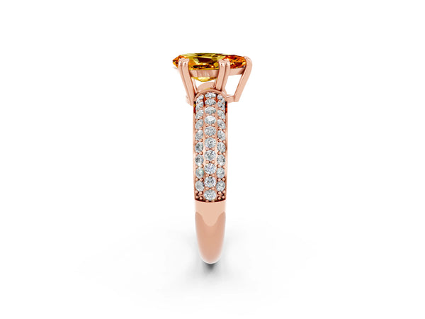 Rose gold Pear Cut Citrine Solitaire Ring with Multi-Row Round Pavé Band and Prong Setting