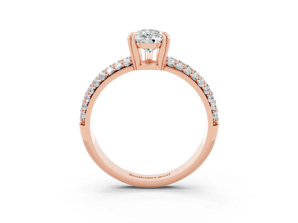 Rose gold Pear Cut Moissanite Solitaire Ring with Multi-Row Round Pavé Band and Prong Setting