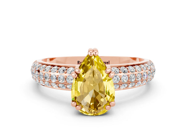 Rose gold Pear Cut Yellow Sapphire Solitaire Ring with Multi-Row Round Pavé Band and Prong Setting