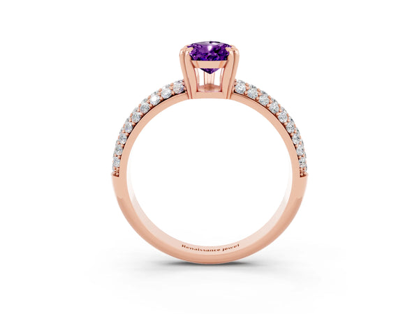 Rose gold Pear Cut Amethyst Solitaire Ring with Multi-Row Round Pavé Band and Prong Setting