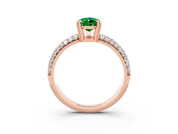Rose gold Pear Cut Emerald Solitaire Ring with Multi-Row Round Pavé Band and Prong Setting