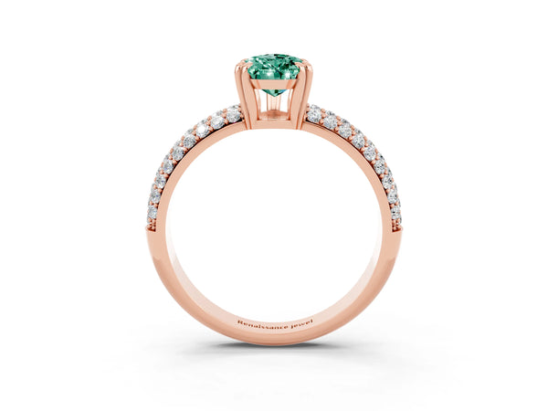 Rose gold Pear Cut Green Sapphire Solitaire Ring with Multi-Row Round Pavé Band and Prong Setting