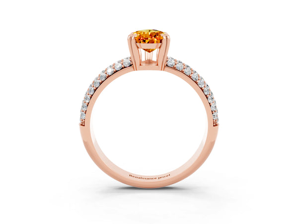Rose gold Pear Cut Citrine Solitaire Ring with Multi-Row Round Pavé Band and Prong Setting