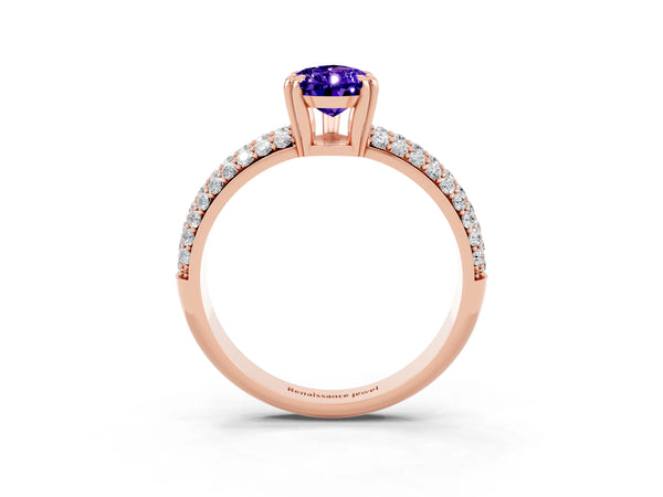 Rose gold Pear Cut Tanzanite Solitaire Ring with Multi-Row Round Pavé Band and Prong Setting