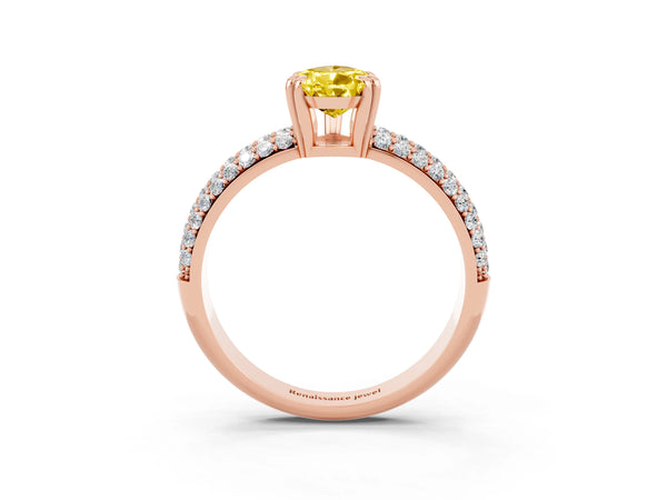 Rose gold Pear Cut Yellow Sapphire Solitaire Ring with Multi-Row Round Pavé Band and Prong Setting