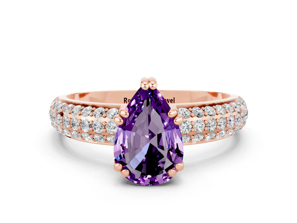 Rose gold Pear Cut Amethyst Solitaire Ring with Multi-Row Round Pavé Band and Prong Setting