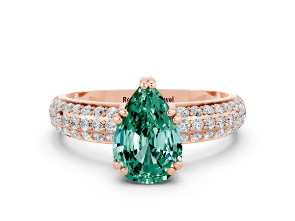 Rose gold Pear Cut Green Sapphire Solitaire Ring with Multi-Row Round Pavé Band and Prong Setting
