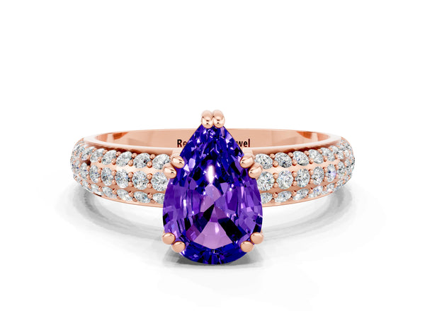 Rose gold Pear Cut Tanzanite Solitaire Ring with Multi-Row Round Pavé Band and Prong Setting