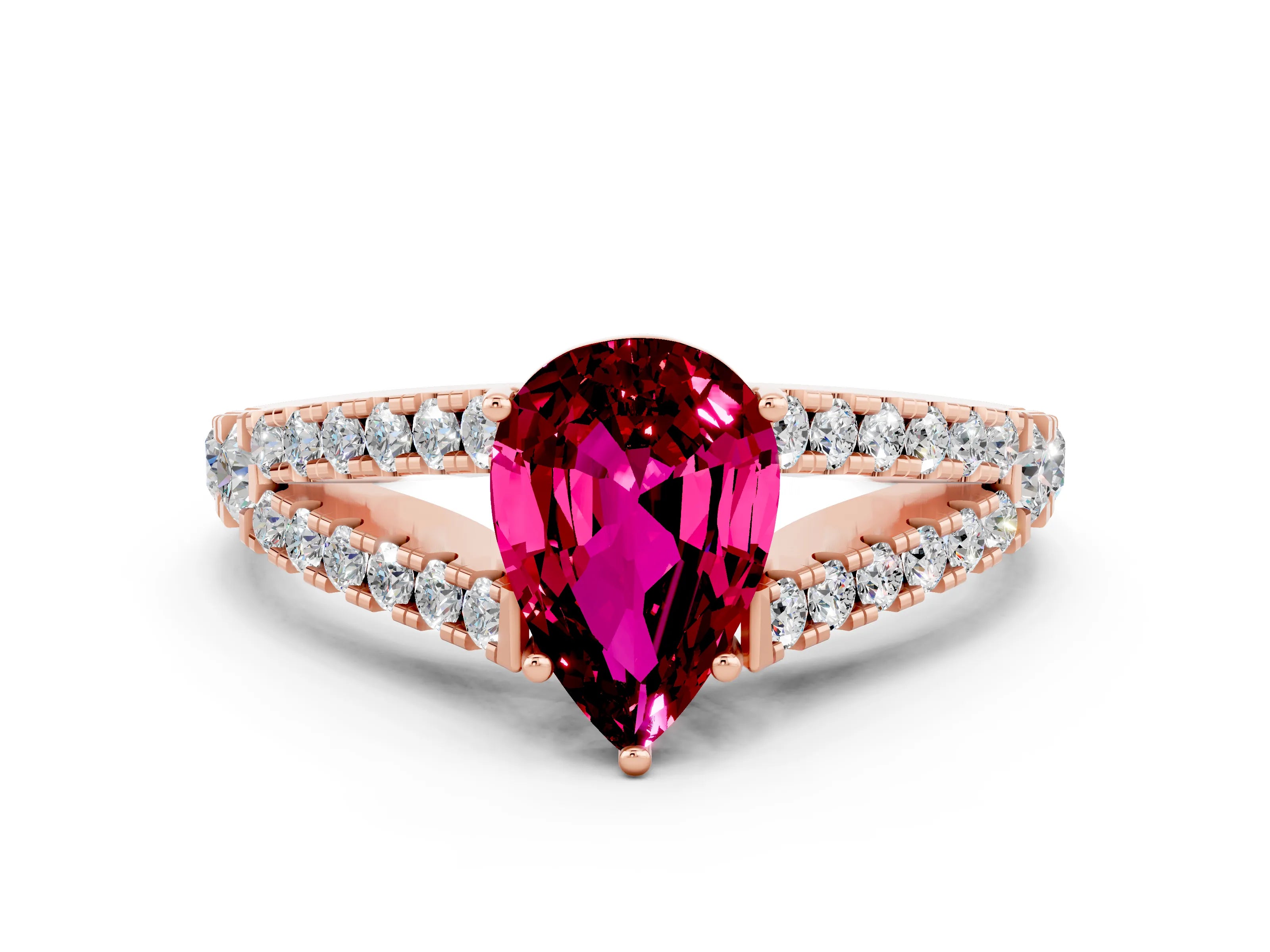 Rose gold Pear Cut Cut Split Shank Pave Diamond Engagement Ring with Four-Prong Setting