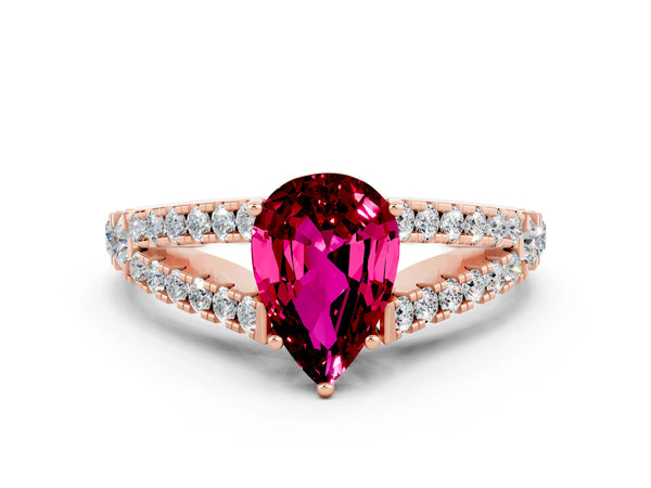 Rose gold Pear Cut Garnet Split Shank Engagement Ring with Round Pavé and Prong Setting