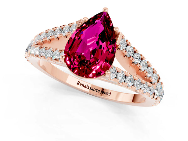 Rose gold Pear Cut Garnet Split Shank Engagement Ring with Round Pavé and Prong Setting