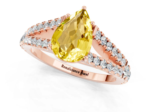 Rose gold Pear Cut Yellow Sapphire Split Shank Engagement Ring with Round Pavé and Prong Setting