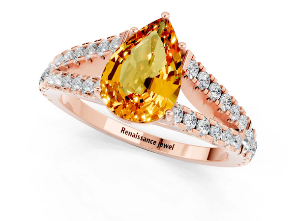 Rose gold Pear Cut Citrine Split Shank Engagement Ring with Round Pavé and Prong Setting