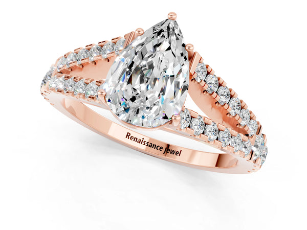 Rose gold Pear Cut Moissanite Split Shank Engagement Ring with Round Pavé and Prong Setting