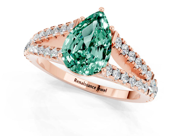 Rose gold Pear Cut Green Sapphire Split Shank Engagement Ring with Round Pavé and Prong Setting