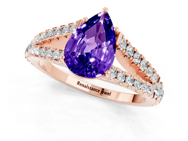 Rose gold Pear Cut Tanzanite Split Shank Engagement Ring with Round Pavé and Prong Setting