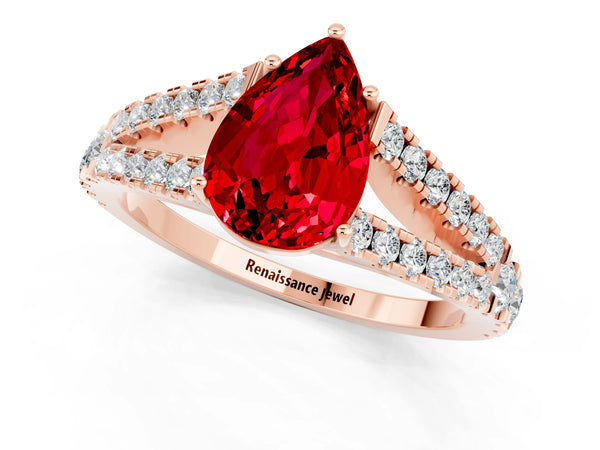Rose gold Pear Cut Ruby Split Shank Engagement Ring with Round Pavé and Prong Setting