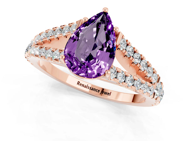 Rose gold Pear Cut Amethyst Split Shank Engagement Ring with Round Pavé and Prong Setting