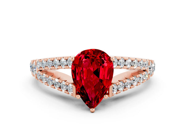 Rose gold Pear Cut Ruby Split Shank Engagement Ring with Round Pavé and Prong Setting