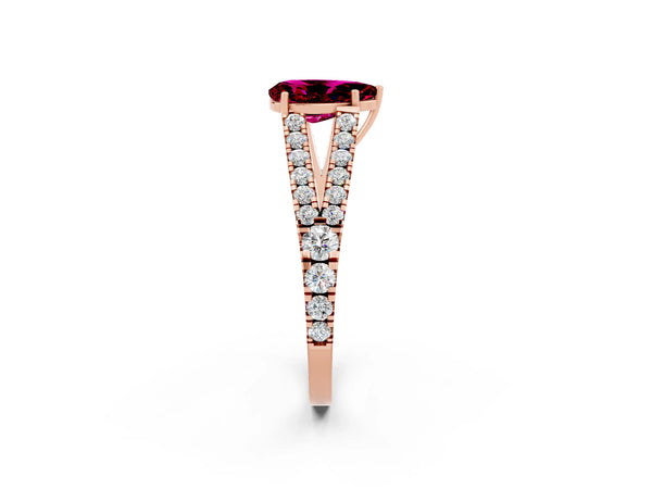 Rose gold Pear Cut Garnet Split Shank Engagement Ring with Round Pavé and Prong Setting