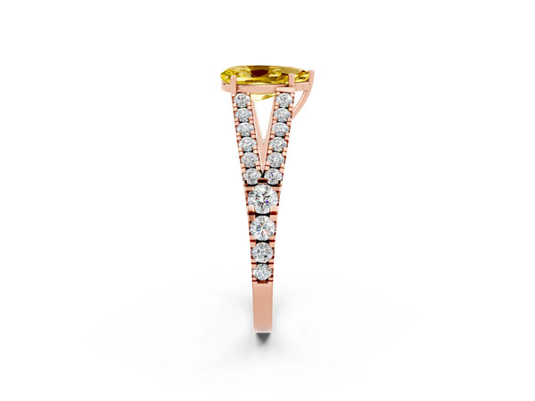 Rose gold Pear Cut Yellow Sapphire Split Shank Engagement Ring with Round Pavé and Prong Setting