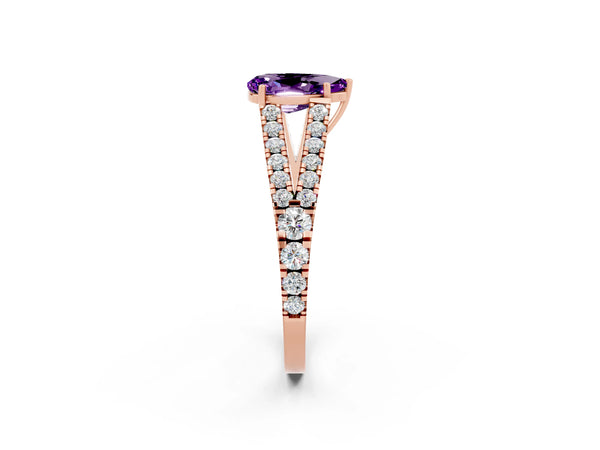 Rose gold Pear Cut Amethyst Split Shank Engagement Ring with Round Pavé and Prong Setting