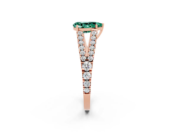 Rose gold Pear Cut Green Sapphire Split Shank Engagement Ring with Round Pavé and Prong Setting