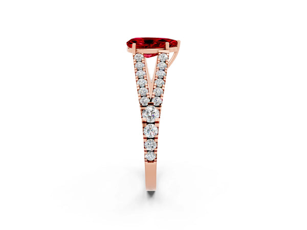 Rose gold Pear Cut Ruby Split Shank Engagement Ring with Round Pavé and Prong Setting