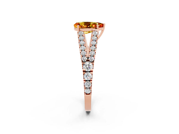 Rose gold Pear Cut Citrine Split Shank Engagement Ring with Round Pavé and Prong Setting