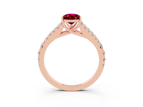 Rose gold Pear Cut Garnet Split Shank Engagement Ring with Round Pavé and Prong Setting