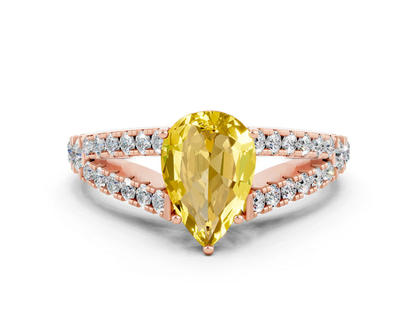 Rose gold Pear Cut Yellow Sapphire Split Shank Engagement Ring with Round Pavé and Prong Setting