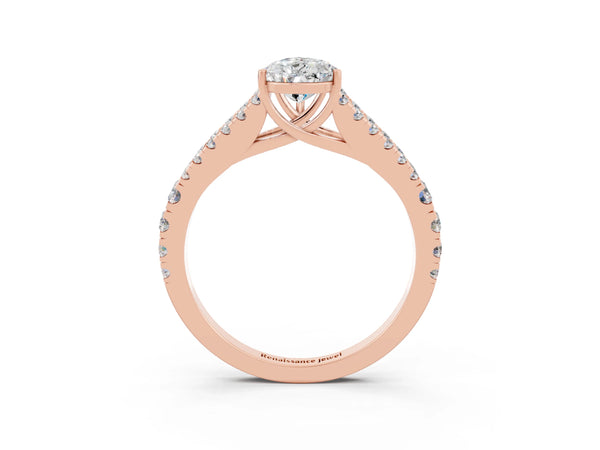 Rose gold Pear Cut Moissanite Split Shank Engagement Ring with Round Pavé and Prong Setting