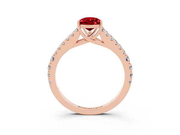 Rose gold Pear Cut Ruby Split Shank Engagement Ring with Round Pavé and Prong Setting