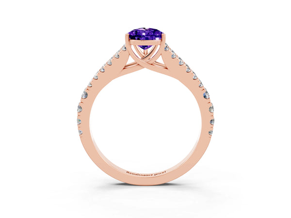 Rose gold Pear Cut Tanzanite Split Shank Engagement Ring with Round Pavé and Prong Setting