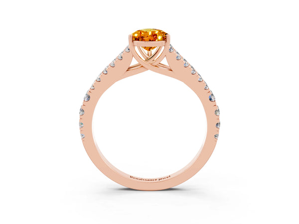 Rose gold Pear Cut Citrine Split Shank Engagement Ring with Round Pavé and Prong Setting