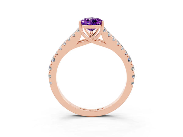 Rose gold Pear Cut Amethyst Split Shank Engagement Ring with Round Pavé and Prong Setting