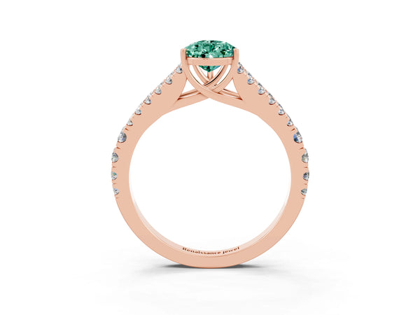 Rose gold Pear Cut Green Sapphire Split Shank Engagement Ring with Round Pavé and Prong Setting