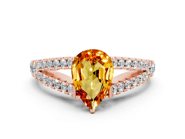 Rose gold Pear Cut Citrine Split Shank Engagement Ring with Round Pavé and Prong Setting