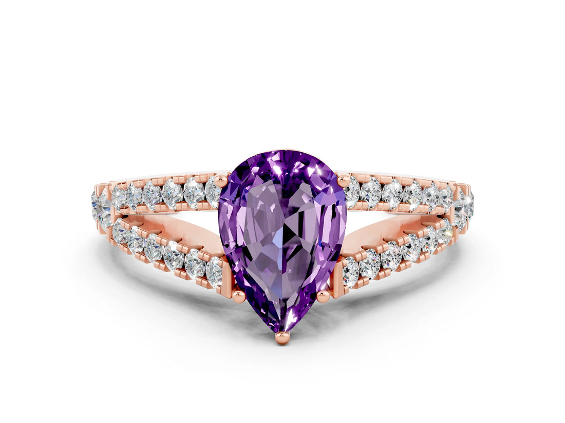 Rose gold Pear Cut Cut Split Shank Pave Diamond Engagement Ring with Four-Prong Setting