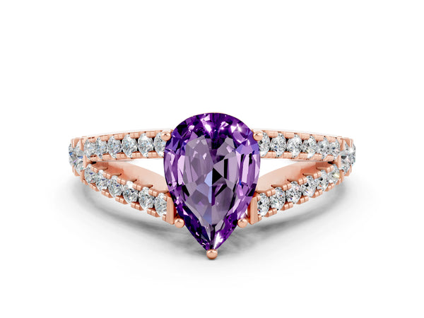 Rose gold Pear Cut Amethyst Split Shank Engagement Ring with Round Pavé and Prong Setting