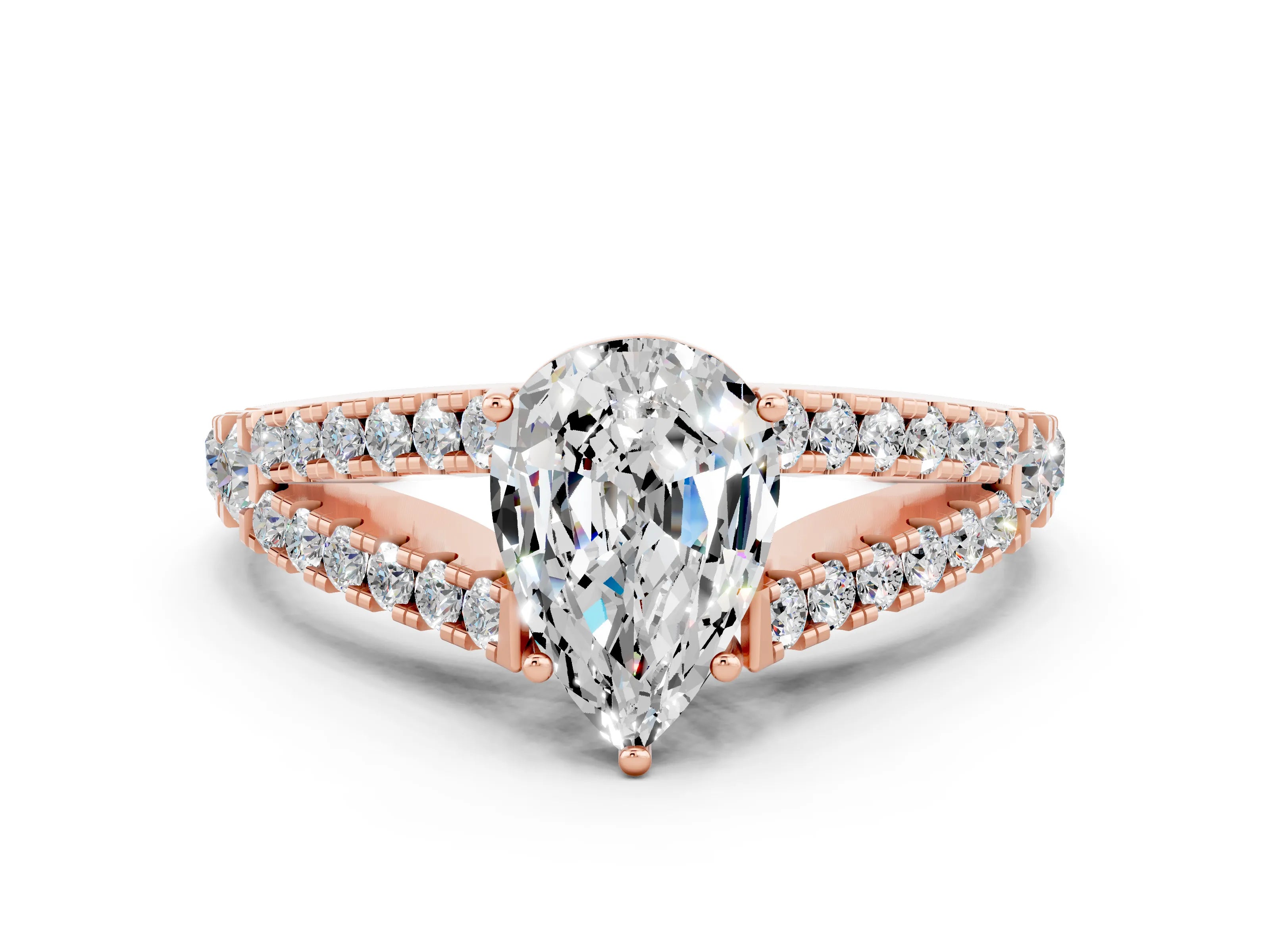 Rose gold Pear Cut Cut Split Shank Pave Diamond Engagement Ring with Four-Prong Setting