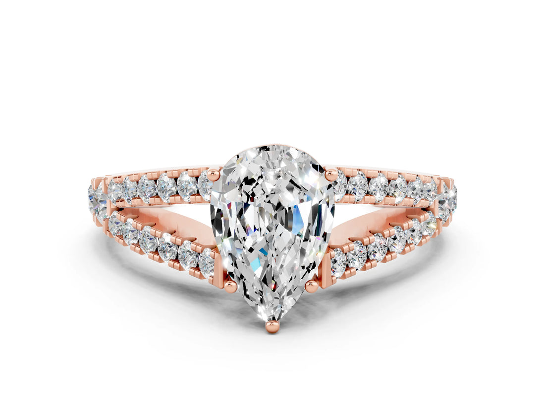 Rose gold Pear Cut Cut Split Shank Pave Diamond Engagement Ring with Four-Prong Setting