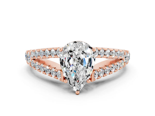 Rose gold Pear Cut Moissanite Split Shank Engagement Ring with Round Pavé and Prong Setting