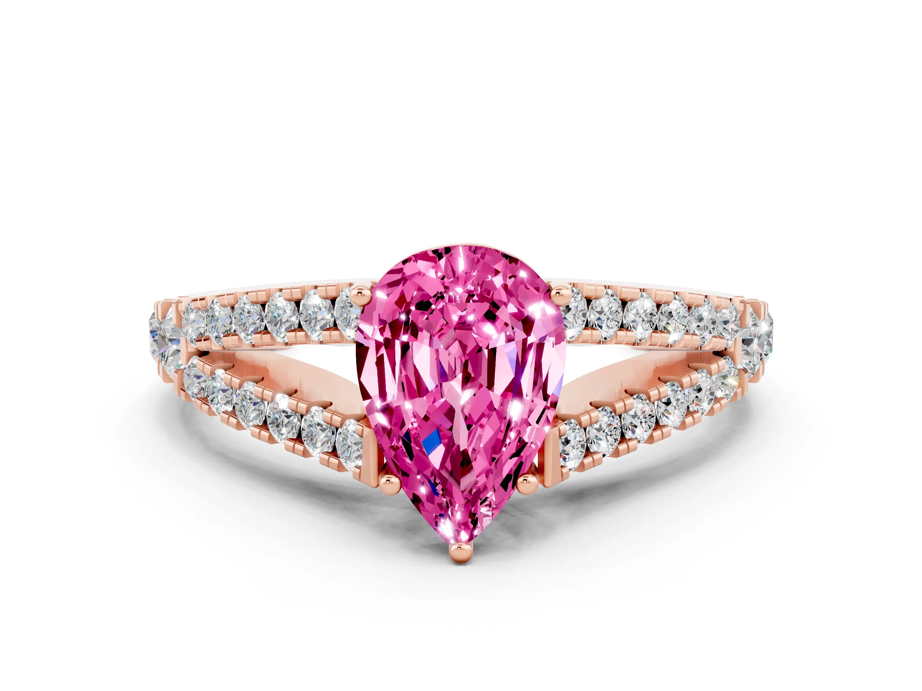 Rose gold Pear Cut Cut Split Shank Pave Diamond Engagement Ring with Four-Prong Setting