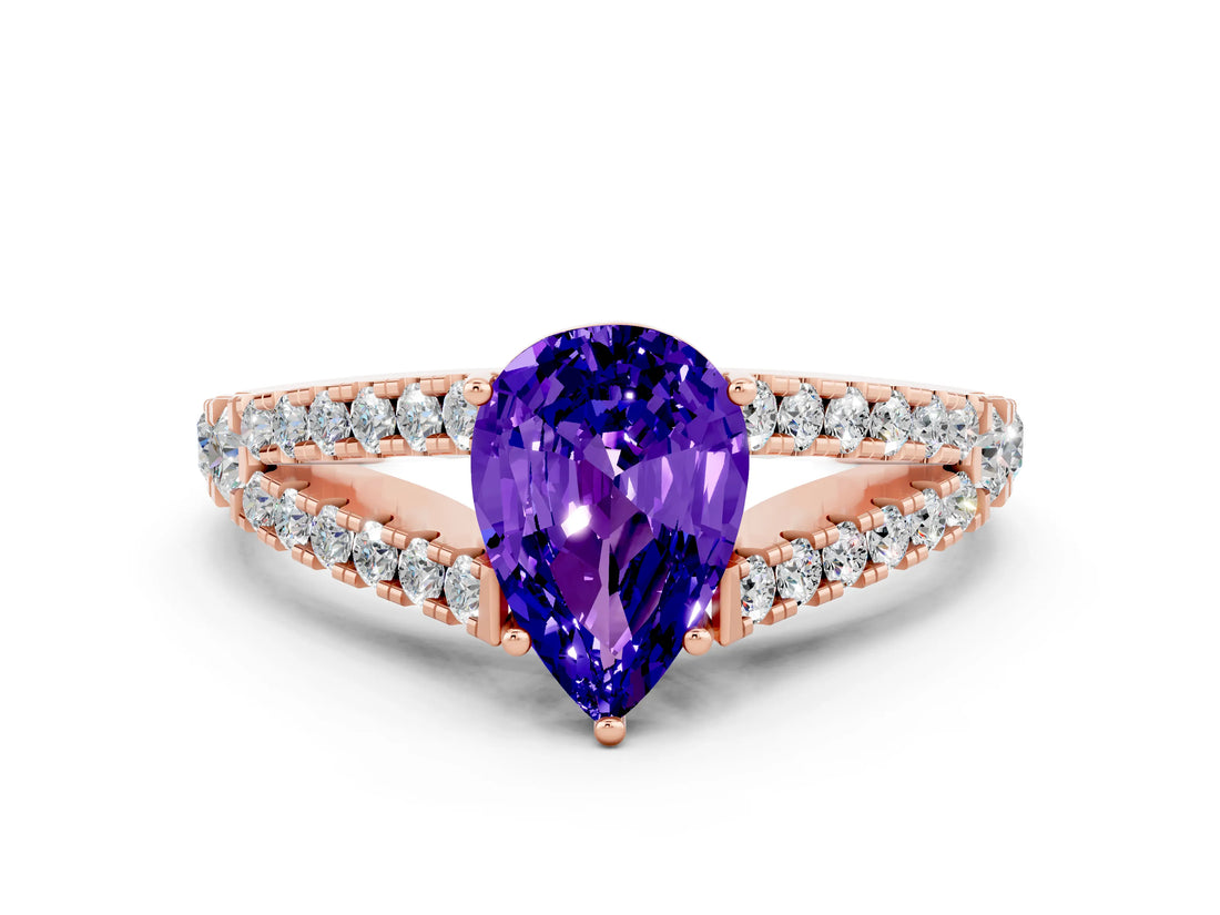 Rose gold Pear Cut Cut Split Shank Pave Diamond Engagement Ring with Four-Prong Setting